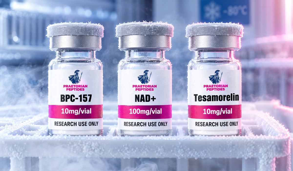 Sealed lyophilized vials stored cold in a laboratory
